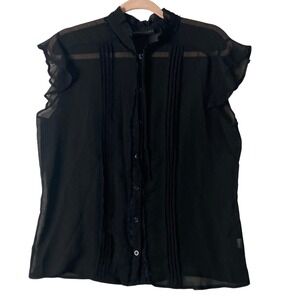 Apostrophe Women Black Sheer Chiffon Ruffle Neck Pintuck Cap Sleeve Blouse